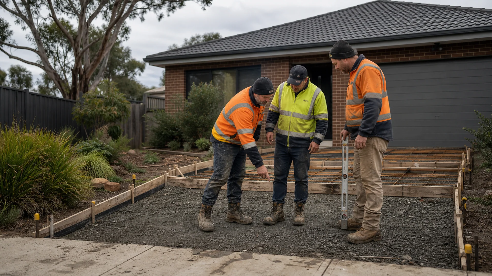 Concrete crew reviewing driveway levels and formwork at a Sunshine Coast home