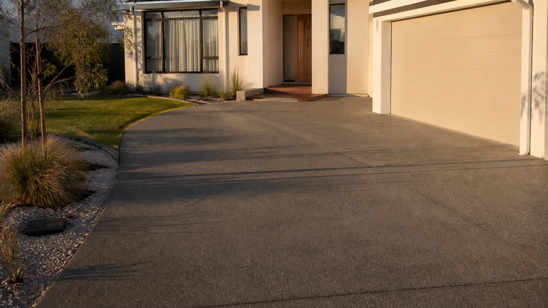Warm coloured concrete driveway at a modern Sunshine Coast house