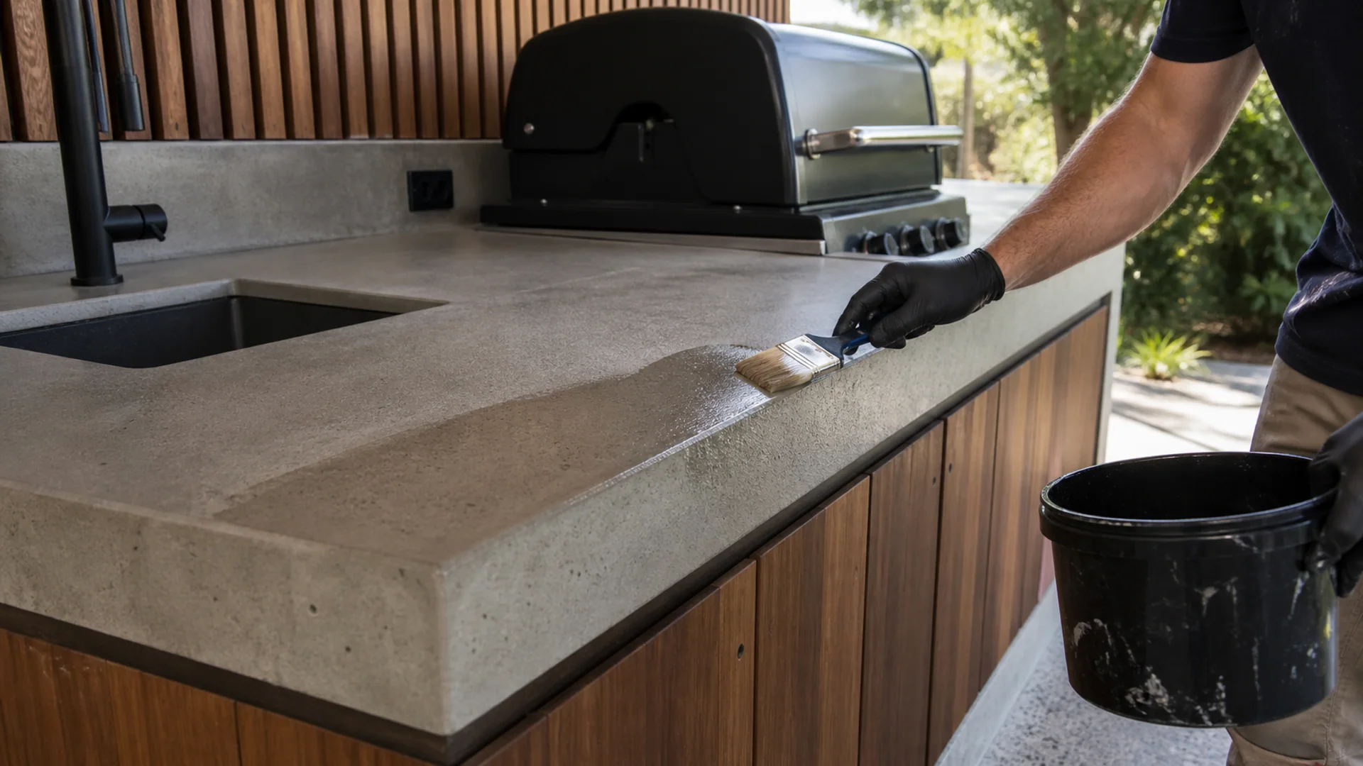 Hand-finished concrete benchtop in a modern outdoor kitchen