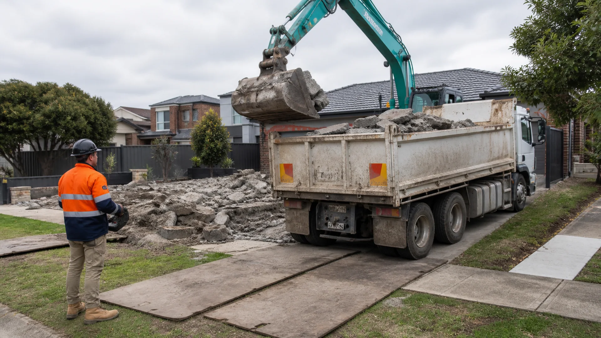 Broken concrete loaded safely for disposal or recovery