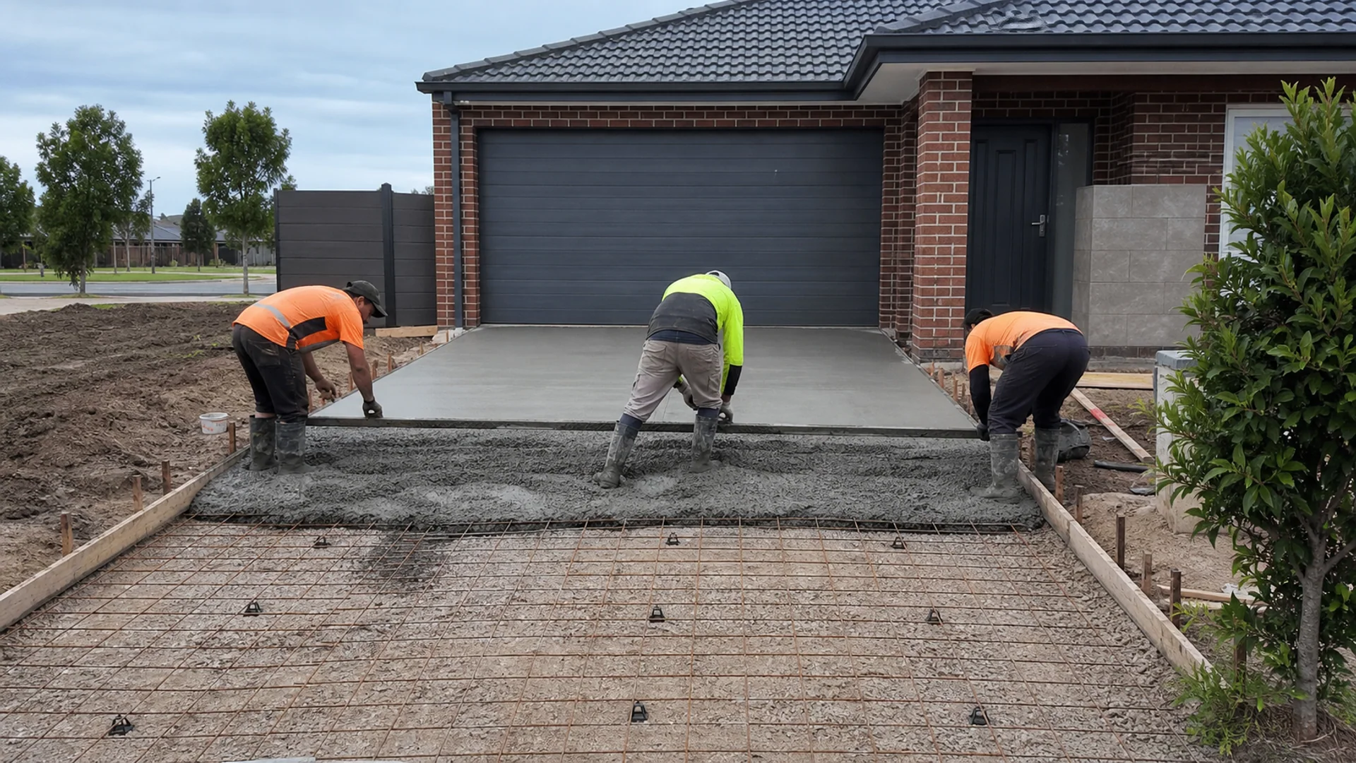 Concrete crew placing a new driveway at a Sunshine Coast home