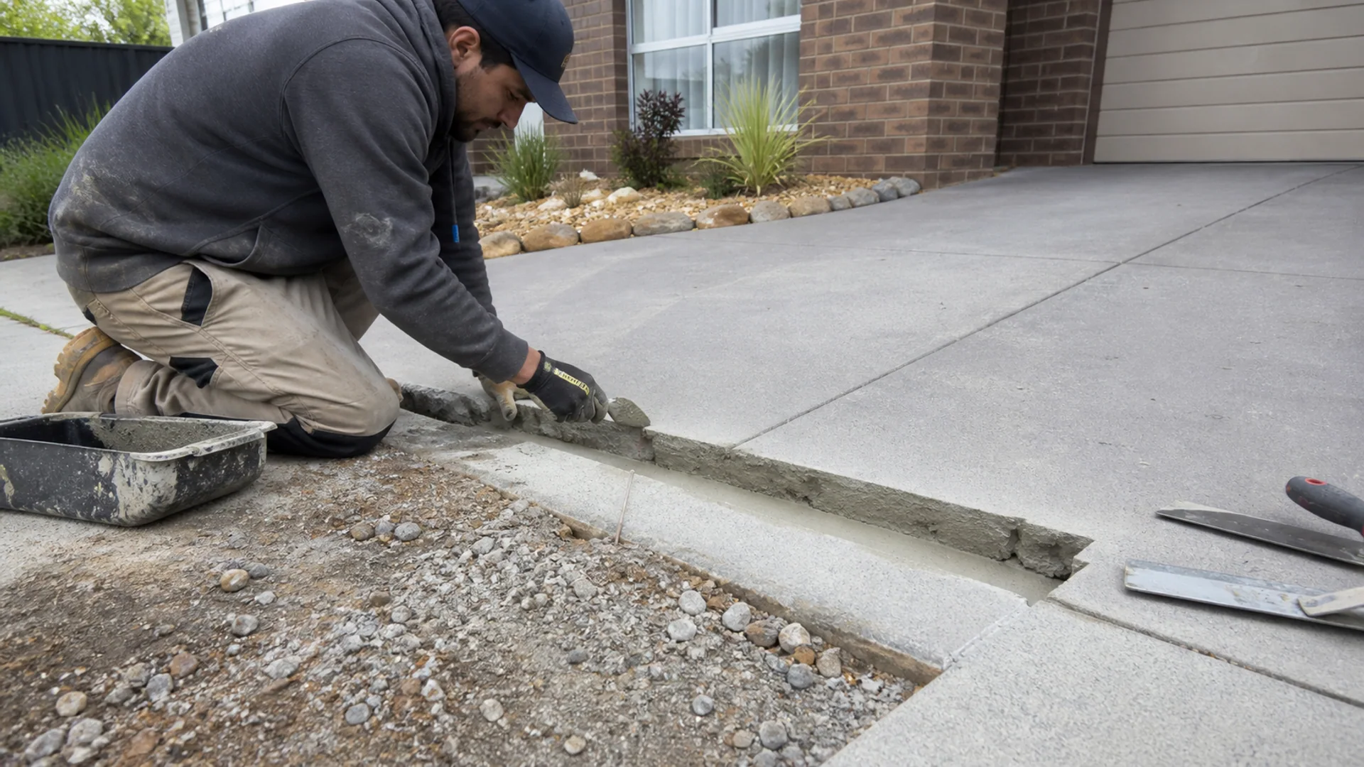 Technician repairing a damaged section of concrete driveway
