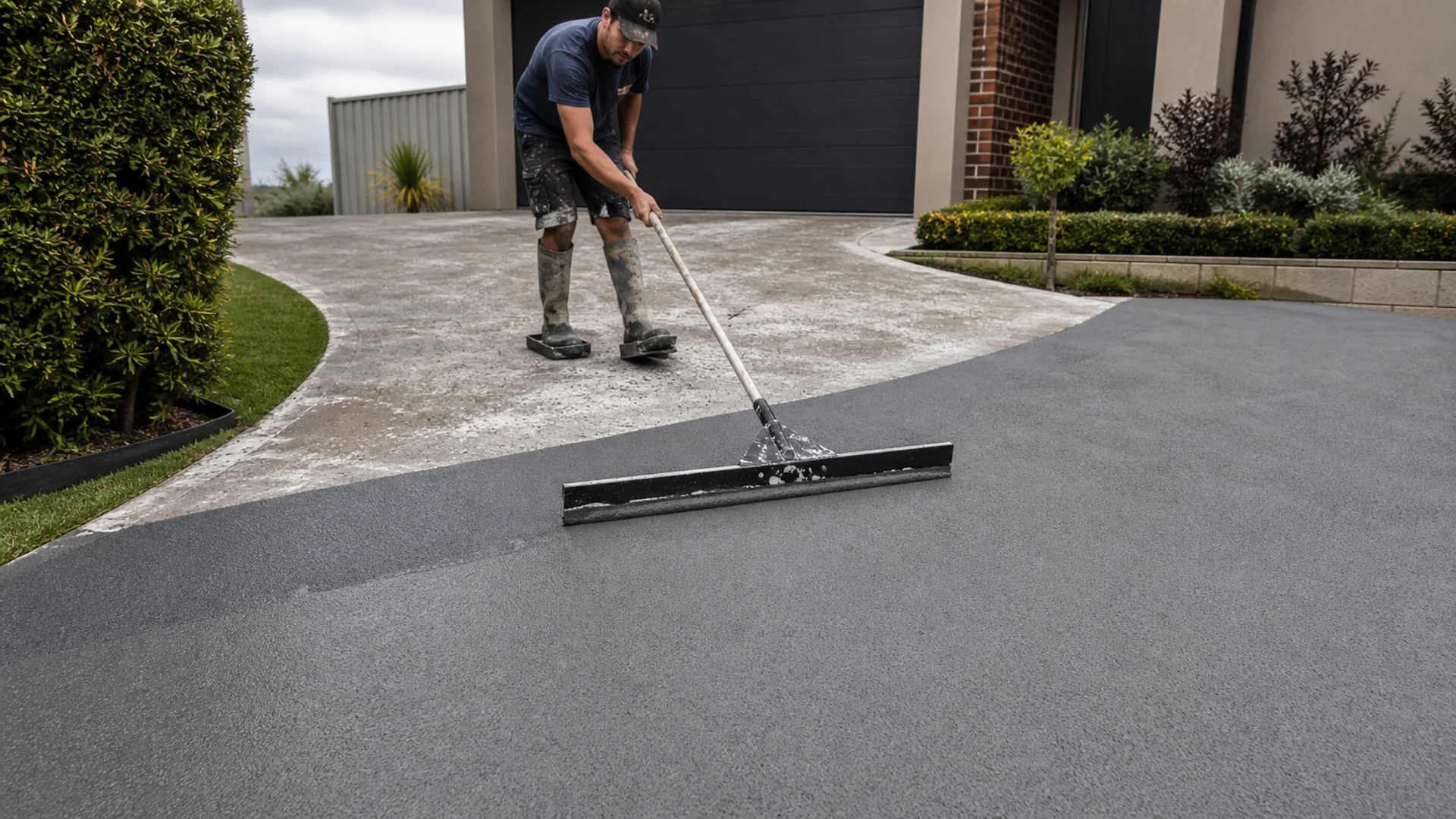 Concrete resurfacing being applied to an existing driveway