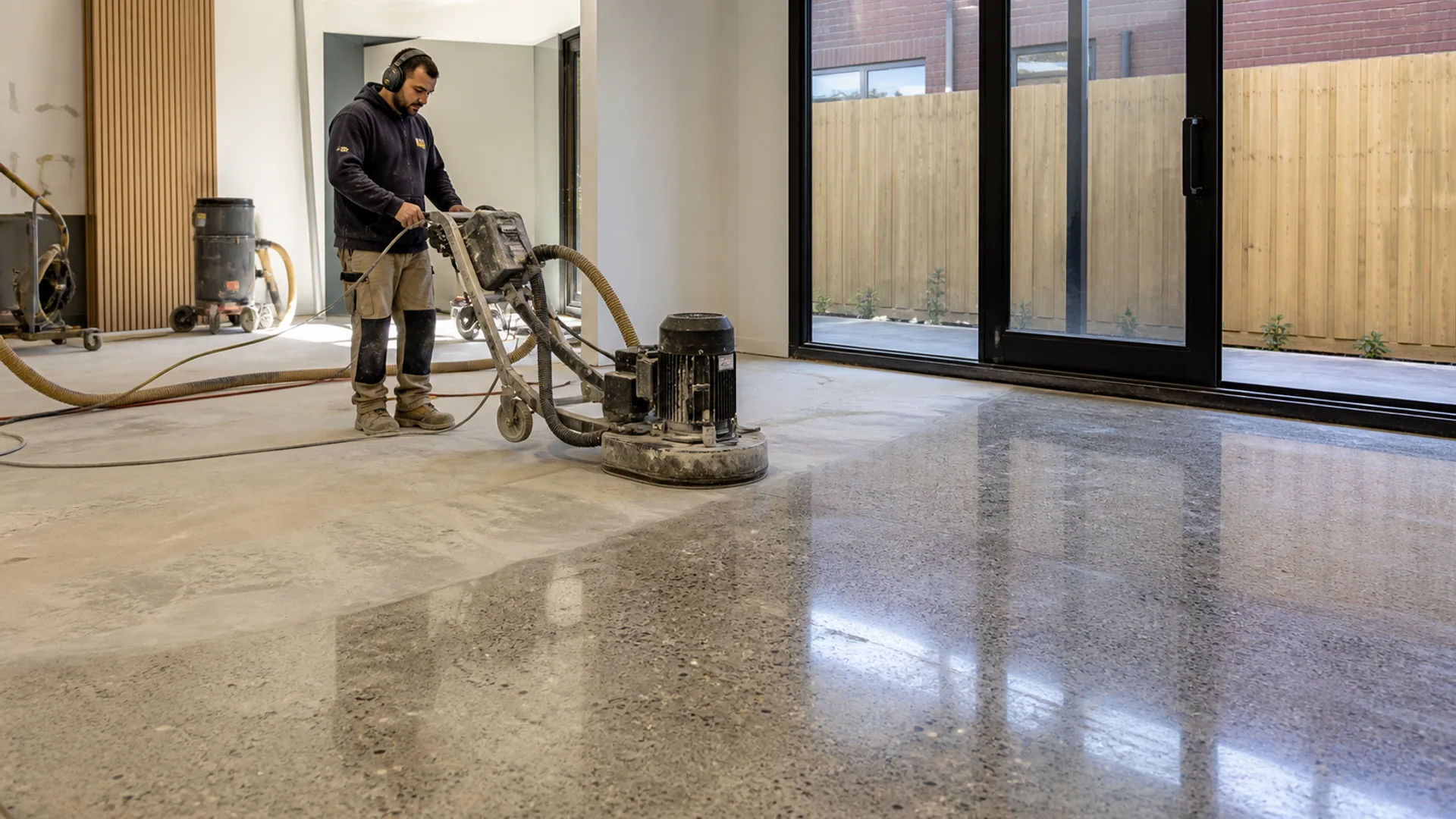 Professional concrete floor polishing in progress