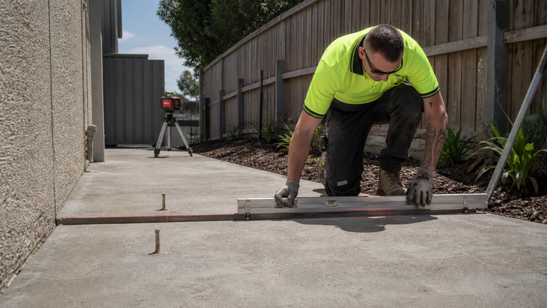 Level check being performed on an uneven concrete surface