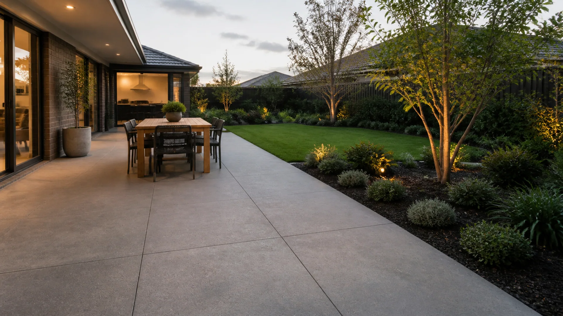 Contemporary concrete patio connected to a Sunshine Coast home
