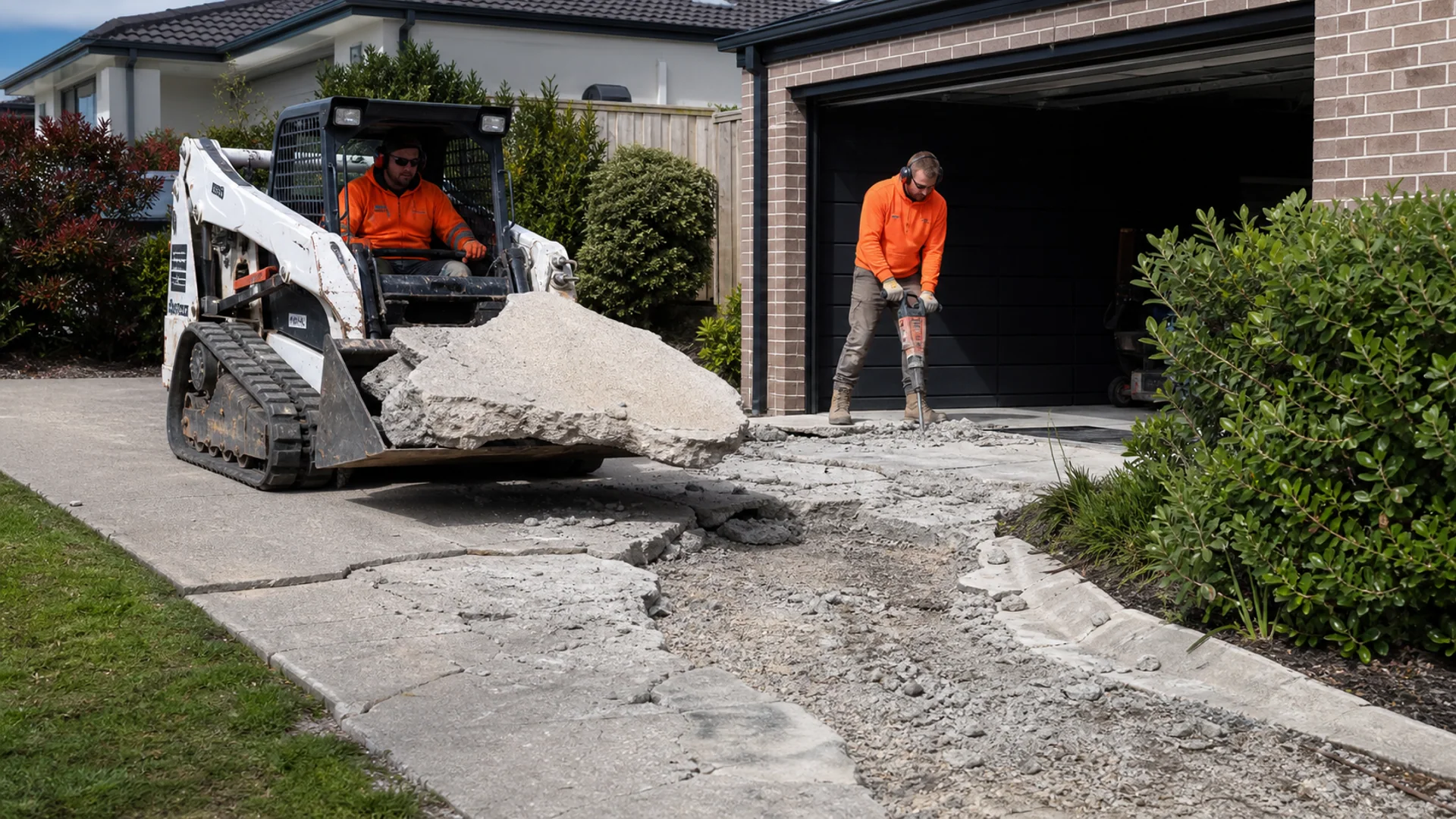 Old driveway concrete being broken and loaded for removal