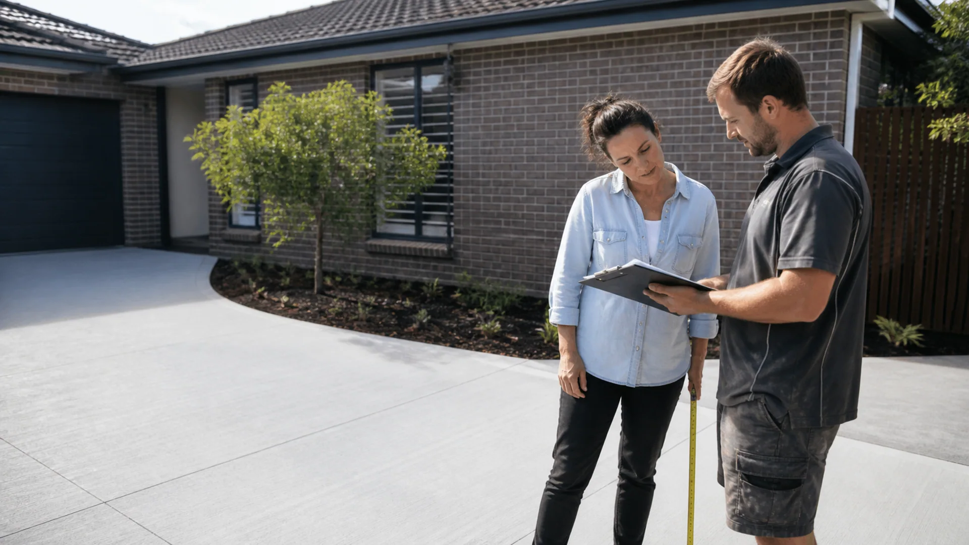 Concrete contractor discussing driveway measurements with a homeowner