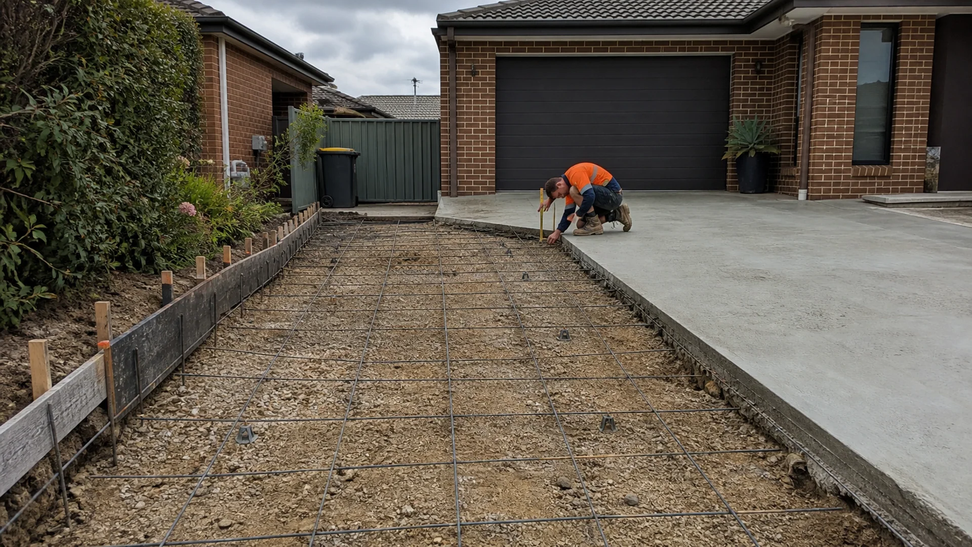 Concrete driveway extension being formed beside an existing driveway
