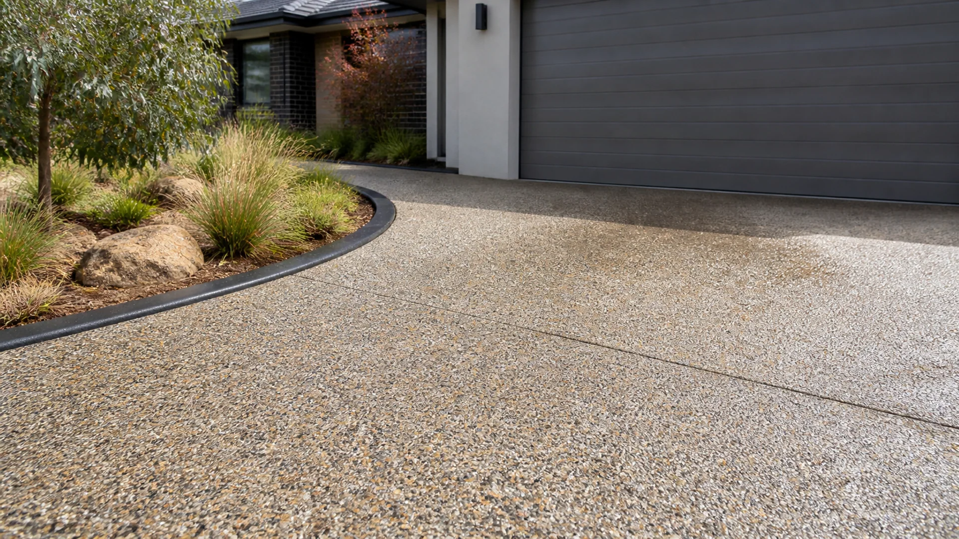 Completed exposed aggregate driveway at a landscaped Australian home