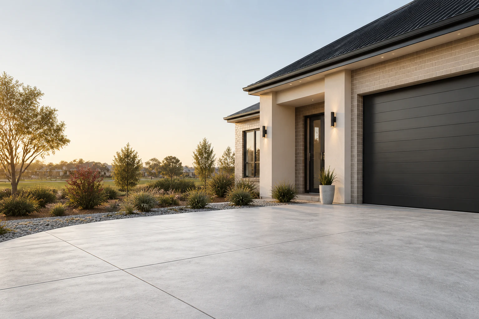 Modern Sunshine Coast home with a newly finished light concrete driveway