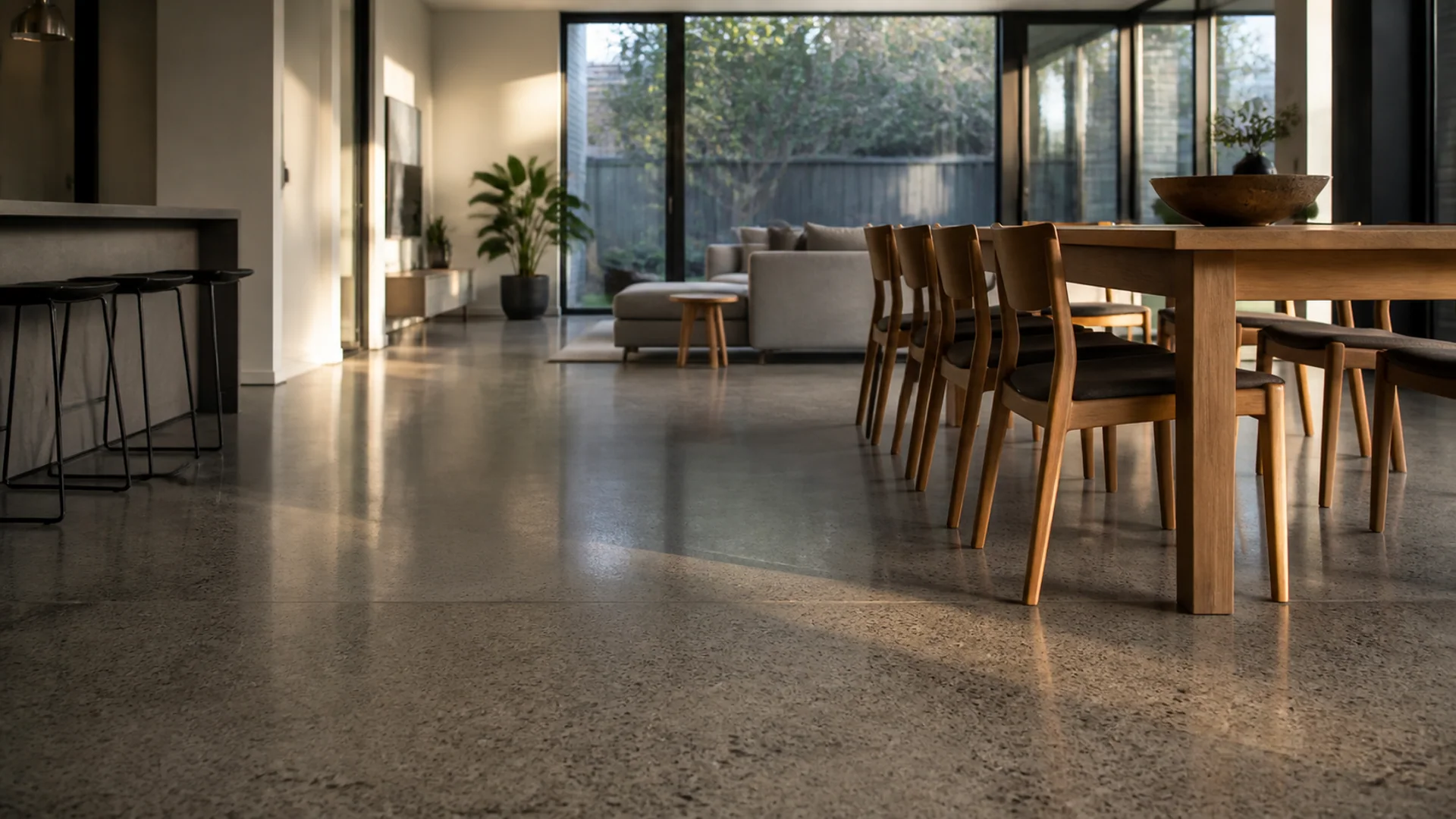 Polished concrete floor with a refined low-sheen finish
