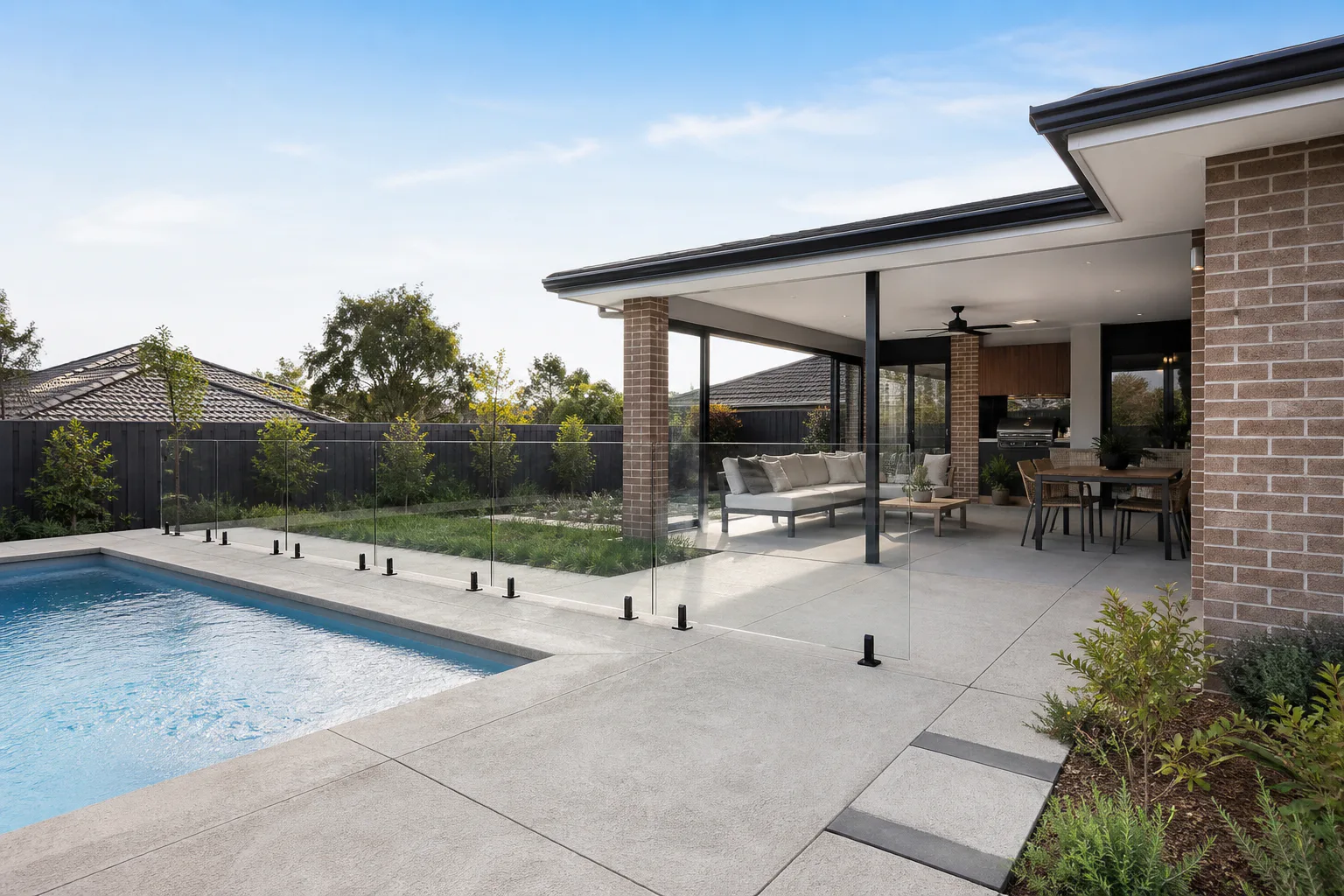 Concrete pool surround and outdoor living area