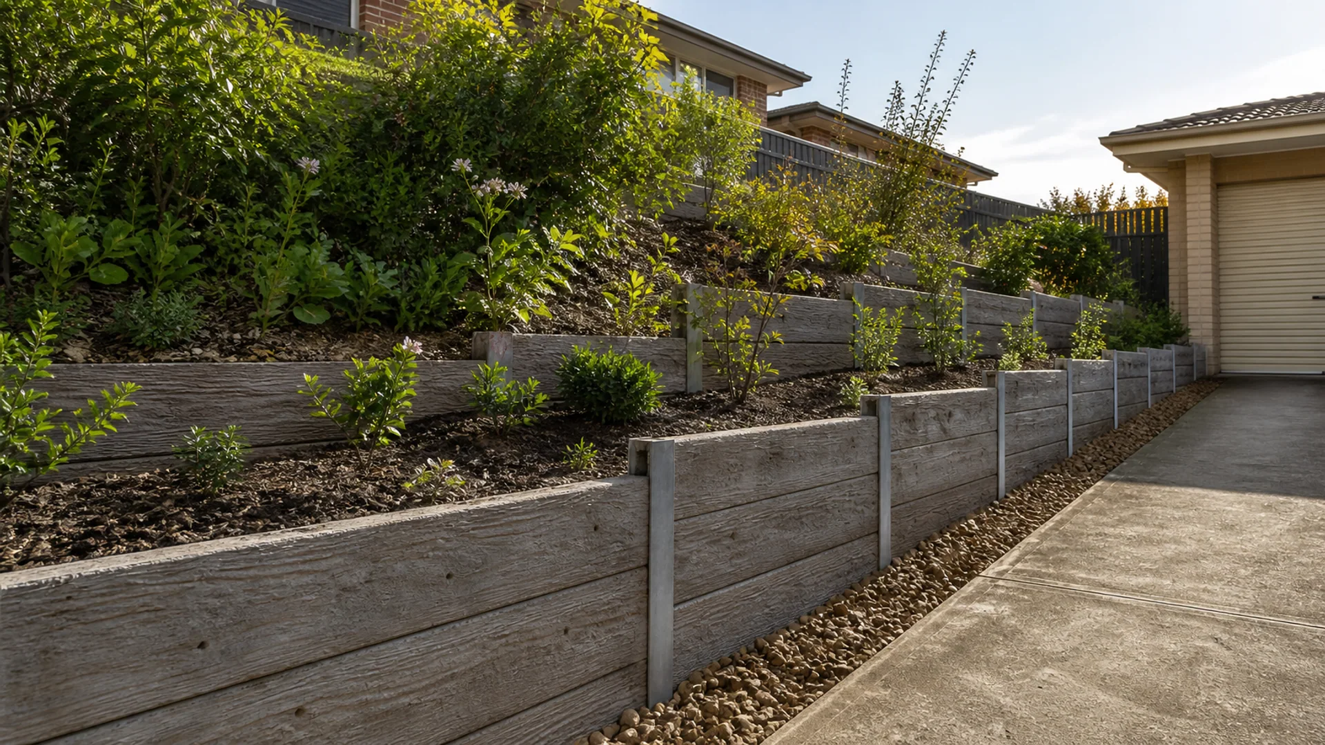 Architectural concrete retaining wall in a landscaped yard