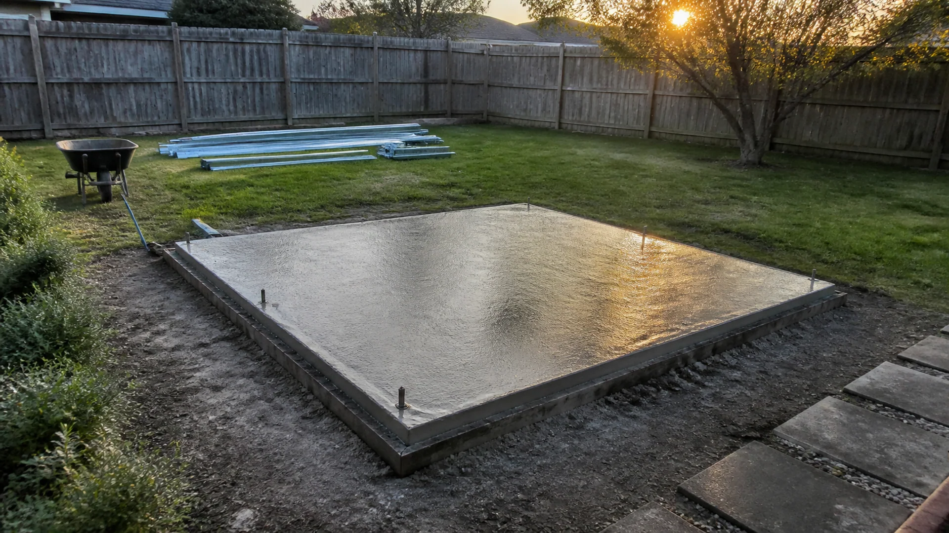 Fresh concrete shed slab on a Sunshine Coast property